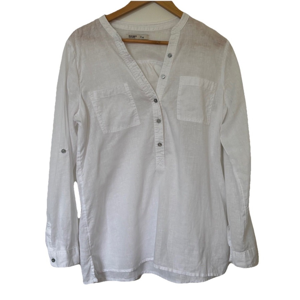 Old Navy Linen Blend Popover Shirt With Roll Tab Sleeves Women's Size Medium